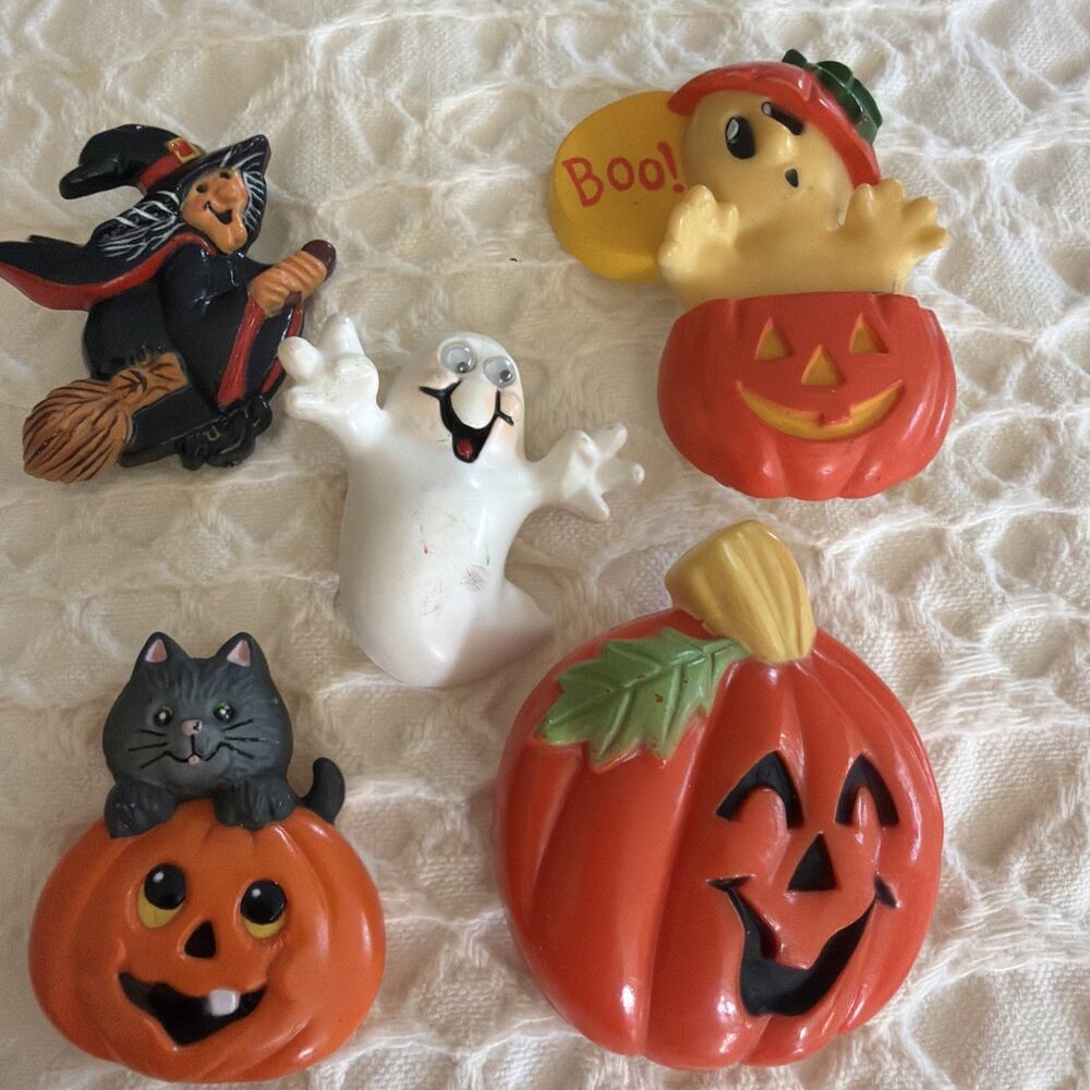 Vtg Halloween Brooch Lot Of 5 Pins Pumpkins Ghost Witch